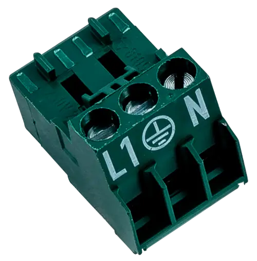 Stecker mit drei Anschlussklemmen in moosgrün, beschriftet mit L1, N und Erdkreis. Produkt von Wolf, geeignet für elektrische Verbindungen.